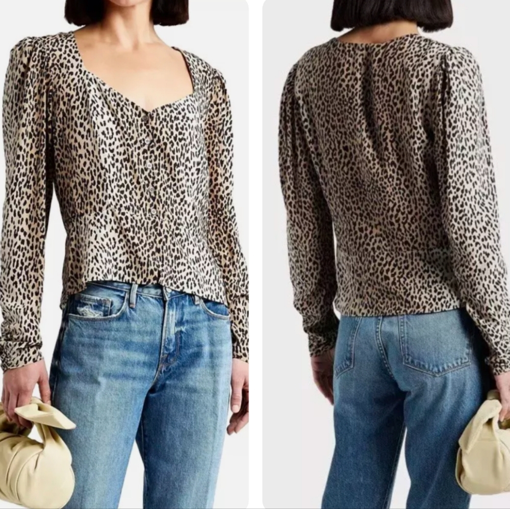 Frame 100% Silk Leopard Print Button Up Sweetheart Long Sleeve Ruched Small